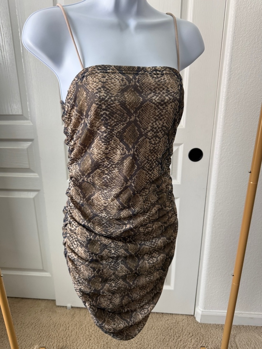Snake Print Ruched Slip Dress in Brown and Tan
